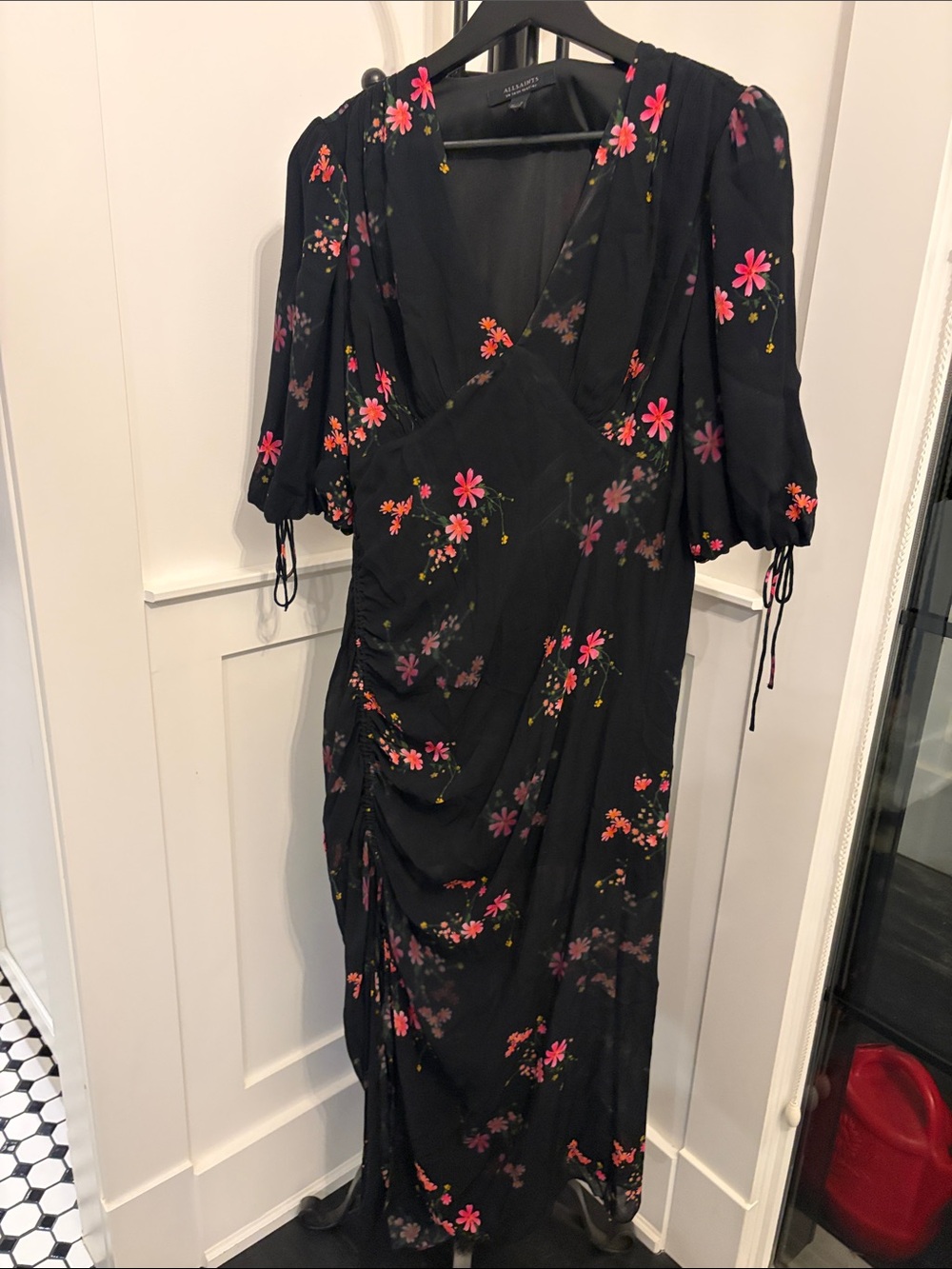 AllSaints Black Midi Dress with Pink and Coral Floral Print